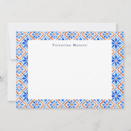 Carte De Correspondance Motif de carreaux élégant bleu méditerranéen sur m
