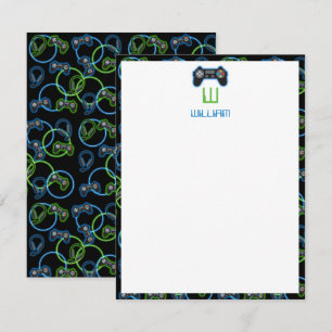 Carte De Correspondance Motif de monogramme bleu et vert néon de jeu vidéo