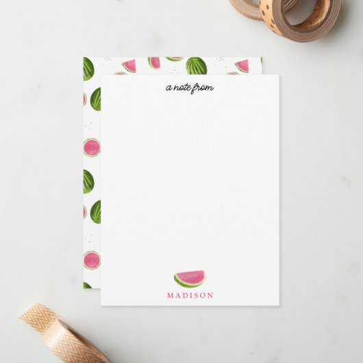 Carte De Correspondance Motif Pastèque Rose & Vert Été (Devant/Arrière en situation)
