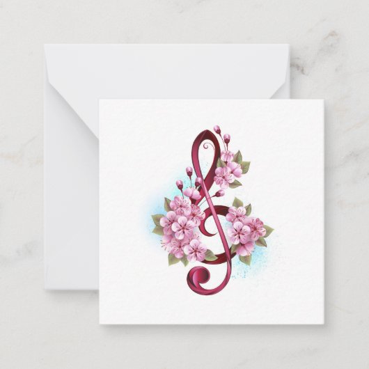 Carte De Correspondance Musical treble clef notes with sakura flowers (Devant)
