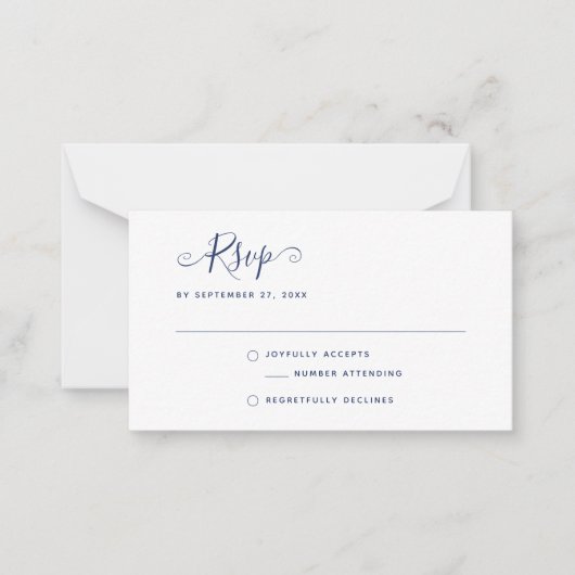 Carte De Correspondance Navy Blue Boho Stylish Script RSVP Wedding (Devant)