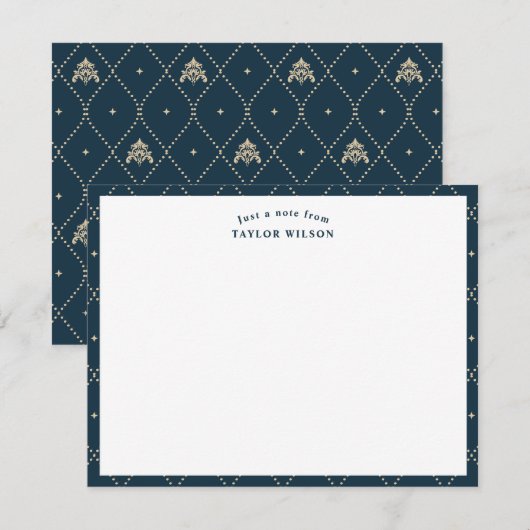 Carte De Correspondance Navy & Gold Damask Lattice Personalized (Devant / Derrière)