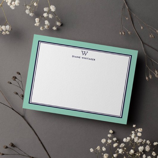 Carte De Correspondance NAVY & LIGHT TEAL Cadre double monogramme classiqu