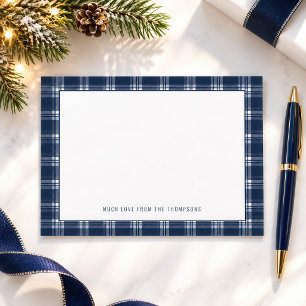 Carte De Correspondance Noël avec nom à carreaux bleu marine
