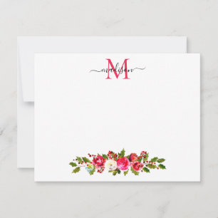 Carte De Correspondance Noël Floral Greenery Holly Berries Monogramme