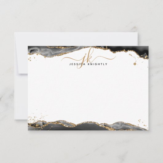 Carte De Correspondance Noir Agate Géode Script Monogramme Parties scintil (Devant)