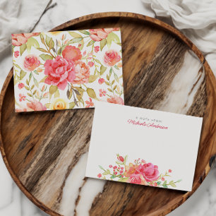 Carte De Correspondance Nom floral & Fleurs aquarelles roses & Feuillage