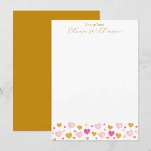 Carte De Correspondance Nom Script Doré Élégant | Cœurs Aquarelle (Devant / Derrière)