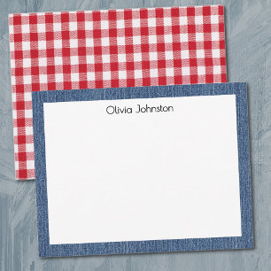 Carte De Correspondance Nom Tampon Vichy Rouge Blanc Cadre en Denim Ble