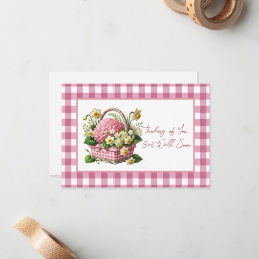 Carte De Correspondance Obtenez Bien Bientôt Panier Fleur Rose En vichy (Devant/Arrière en situation)