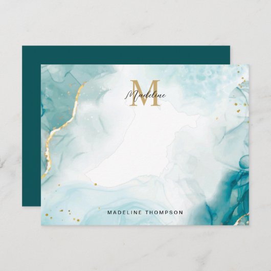 Carte De Correspondance Ocean Turquoise Blue Gold Aquarelle Monogramme (Devant / Derrière)
