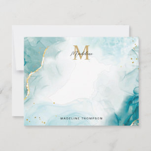 Carte De Correspondance Ocean Turquoise Blue Gold Aquarelle Monogramme