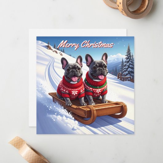 Carte De Correspondance Pack français Bulldog de Noël plat (Devant/Arrière en situation)
