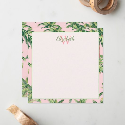 Carte De Correspondance Palmiers tropicaux sur Monogramme rose (Devant/Arrière en situation)
