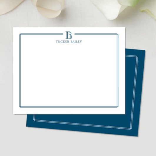 Carte De Correspondance Papeterie Moderne avec Bordure Initiale Bleu Marin