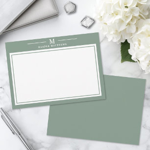 Carte De Correspondance Papeterie simple en vert sauge avec monogramme