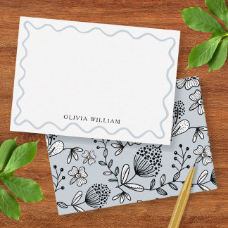 Carte De Correspondance Papier à Lettre Fleurs Bleu Poudre Bordure Ondulée