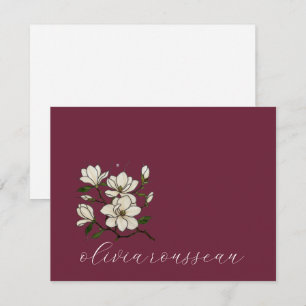 Carte De Correspondance Papier Minimaliste Magnolias Blanc Vin de Bordeaux