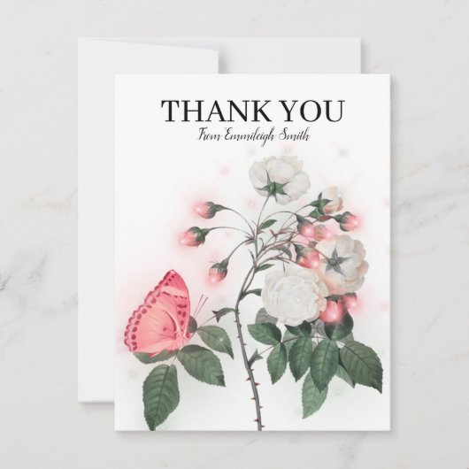 Carte De Correspondance Papillon rose Fleurs blanches Merci (Devant)
