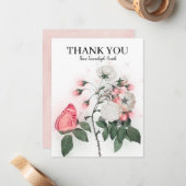 Carte De Correspondance Papillon rose Fleurs blanches Merci (Devant/Arrière en situation)