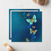 Carte De Correspondance Papillons d'or sur un Arrière - plan bleu (Devant/Arrière en situation)