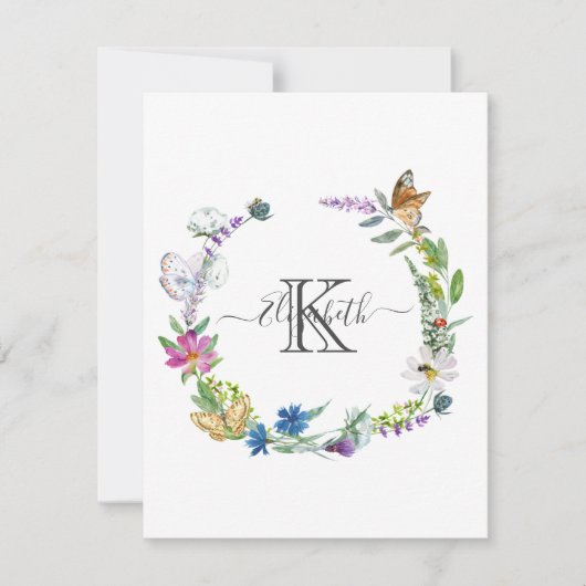 Carte De Correspondance Papillons Fleurs Calligraphie Script Monogramme (Devant)