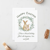 Carte De Correspondance pâques heureux, lapins d'aquarelle verdure couronn (Devant/Arrière en situation)