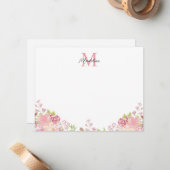 Carte De Correspondance Pastel Blush rose Rose Script Monogramme (Devant/Arrière en situation)