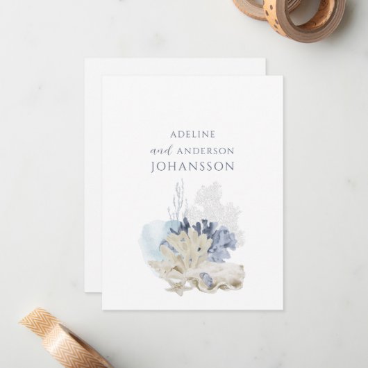 Carte De Correspondance Pastel Coastal Coral Seashell Couple Names (Devant/Arrière en situation)