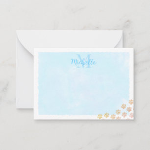 Carte De Correspondance Patte de chien monogramme au pastel bleu aquarelle