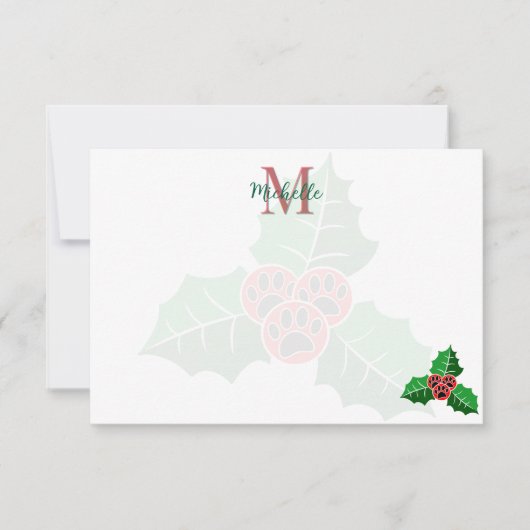 Carte De Correspondance Paw Holly Leaves Christmas Custom Monogram (Devant)