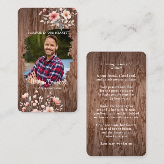 Carte De Correspondance Personalized Rustic Floral Photo Memorial Card (Devant / Derrière)
