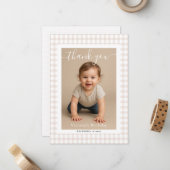 Carte De Correspondance Petite Fête de Naissance Ourson Marron Gingham (Devant/Arrière en situation)