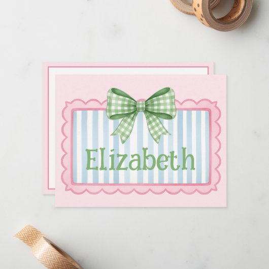 Carte De Correspondance Pink and Blue Frame With Green Gingham Bow (Devant/Arrière en situation)
