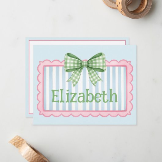 Carte De Correspondance Pink and Blue Frame With Green Gingham Bow (Devant/Arrière en situation)