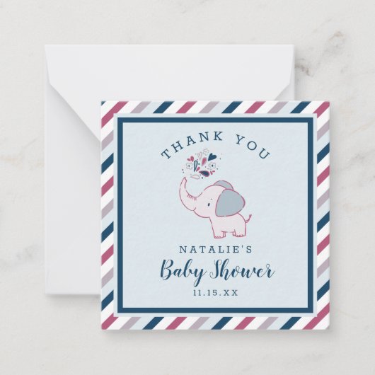 Carte De Correspondance Pink & Navy Cute Elephant Baby shower Merci (Devant)