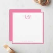 Carte De Correspondance Plage de monogramme rose double bordure (Devant/Arrière en situation)