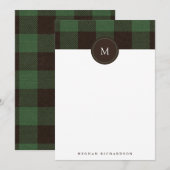 Carte De Correspondance Plaid de Buffalo et monogramme | Papeterie verte (Devant / Derrière)