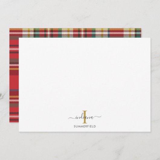 Carte De Correspondance Plaid Monogramme Initial Nom Fêtes Rustique Script (Devant / Derrière)