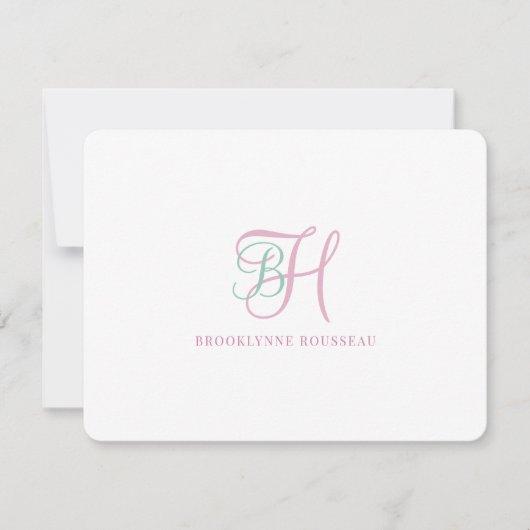 Carte de correspondance plate à monogramme rose bl (Devant)