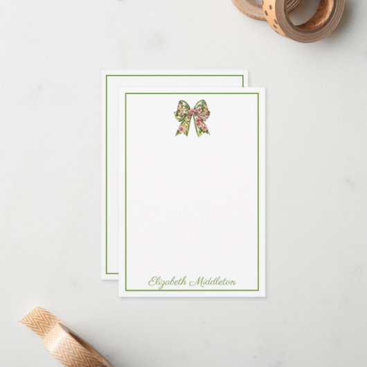 Carte De Correspondance Preppy Floral Pink and Green Bow Personalized (Devant/Arrière en situation)