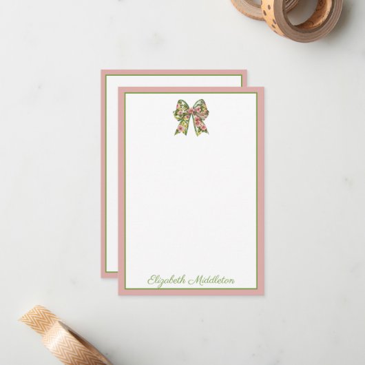 Carte De Correspondance Preppy Floral Pink and Green Bow Personalized (Devant/Arrière en situation)