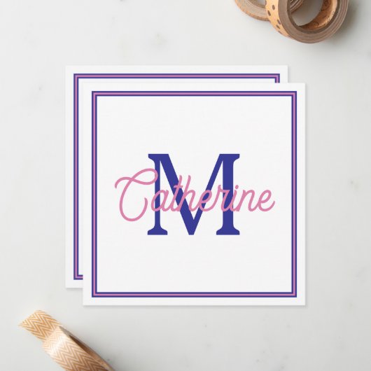 Carte De Correspondance Preppy Pink and Navy Blue Simple Monogram (Devant/Arrière en situation)