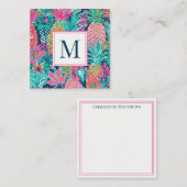 Carte De Correspondance Preppy Pink Teal Navy Blue Pineapple Monogram (Devant / Derrière)