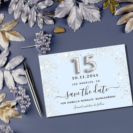 Carte De Correspondance Quinceanera bébé bleu argent enregistrer la date