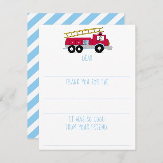 Carte De Correspondance Remerciement d'anniversaire pour camion de pompier (Devant / Derrière)