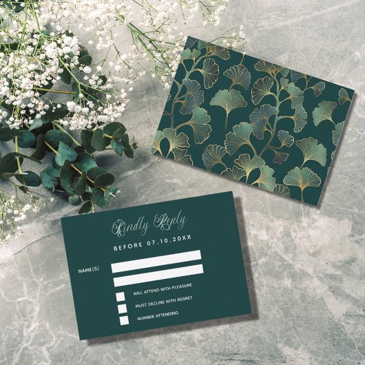 Carte De Correspondance Réponse mariage feuille Emerald ginkgo RSVP