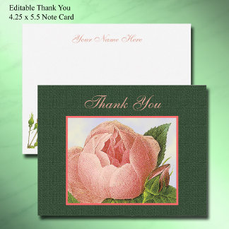 Carte De Correspondance Rose Botanique Rose Pâle Merci Editable 4.25 x 5.5