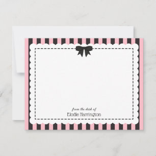 Carte De Correspondance Rose chic rayures noires bords festonnés et nœud