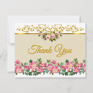 Carte De Correspondance Rose Florale Rose Élégante et "Merci" en Or